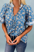 Floral Stripe Trim Tie-Neck Short Sleeve Blouse