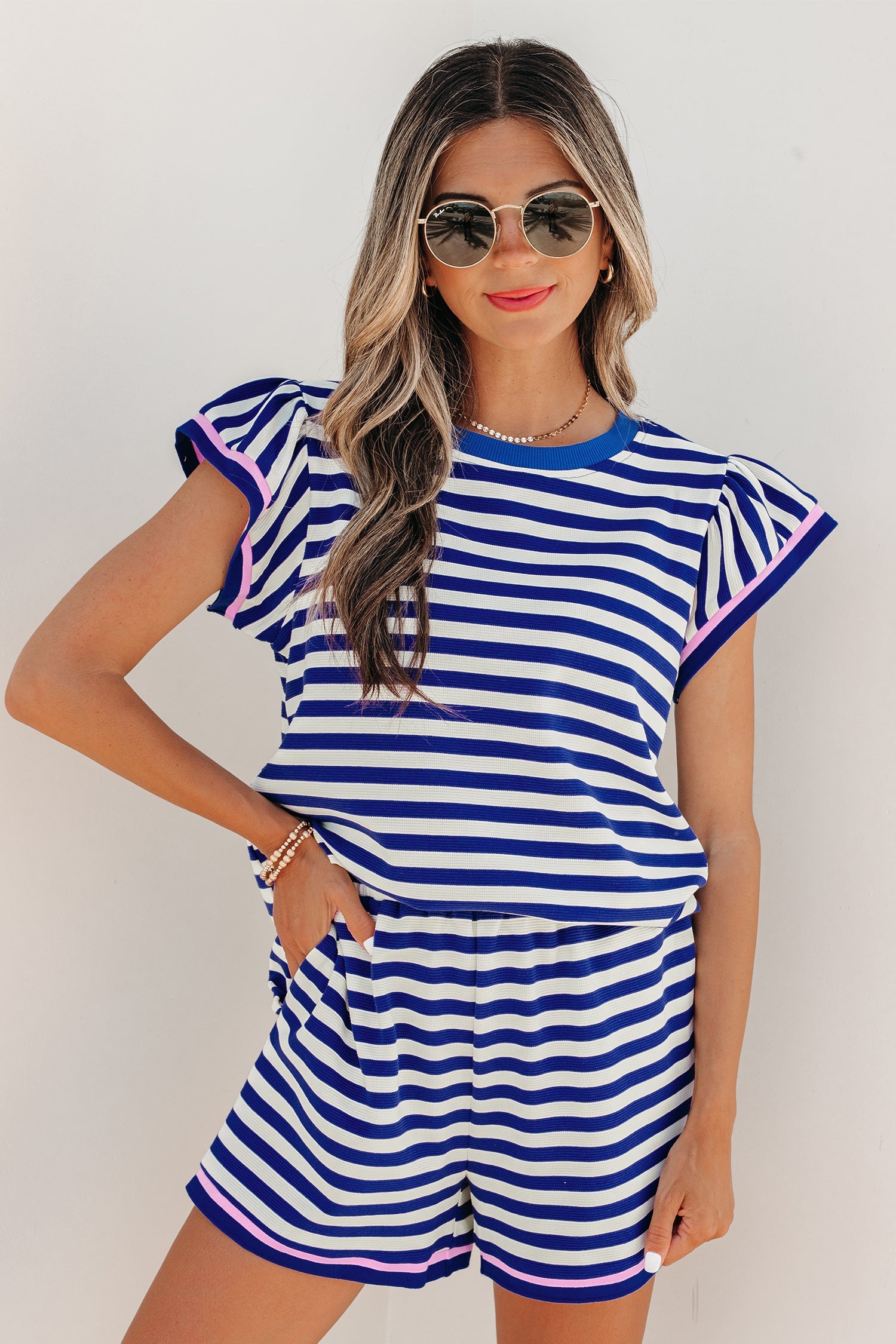 Stripe Cap Sleeve Top & Contrast Trim Shorts Set