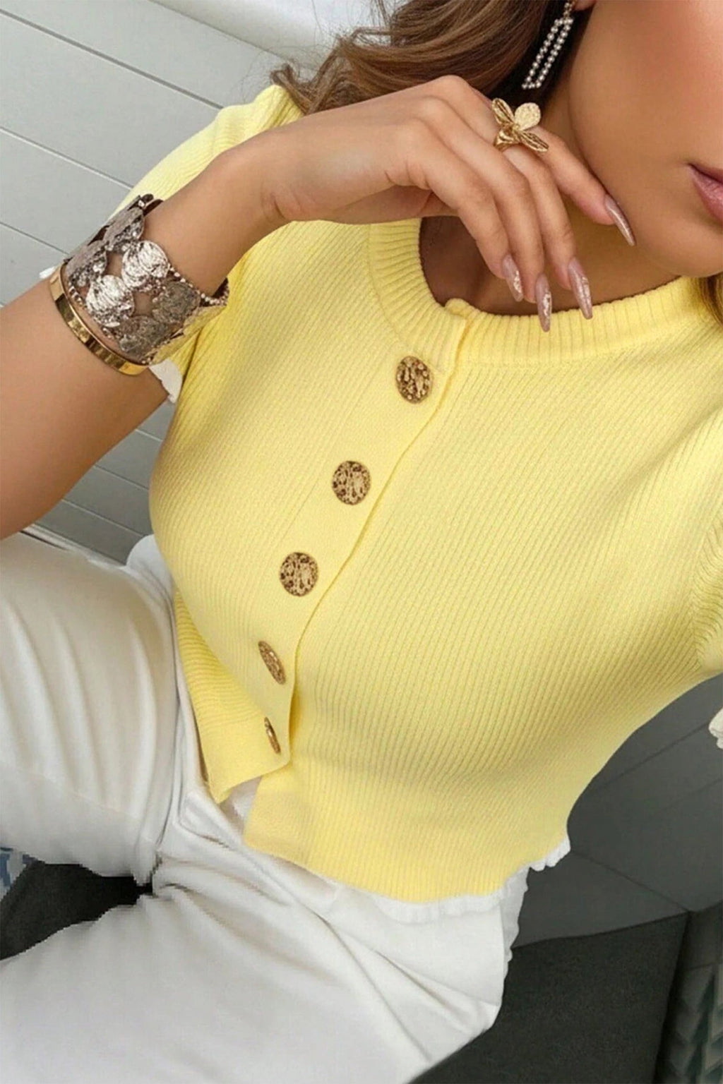 Solid Ribbed Frilled Short Sleeve Sweater Cardigan