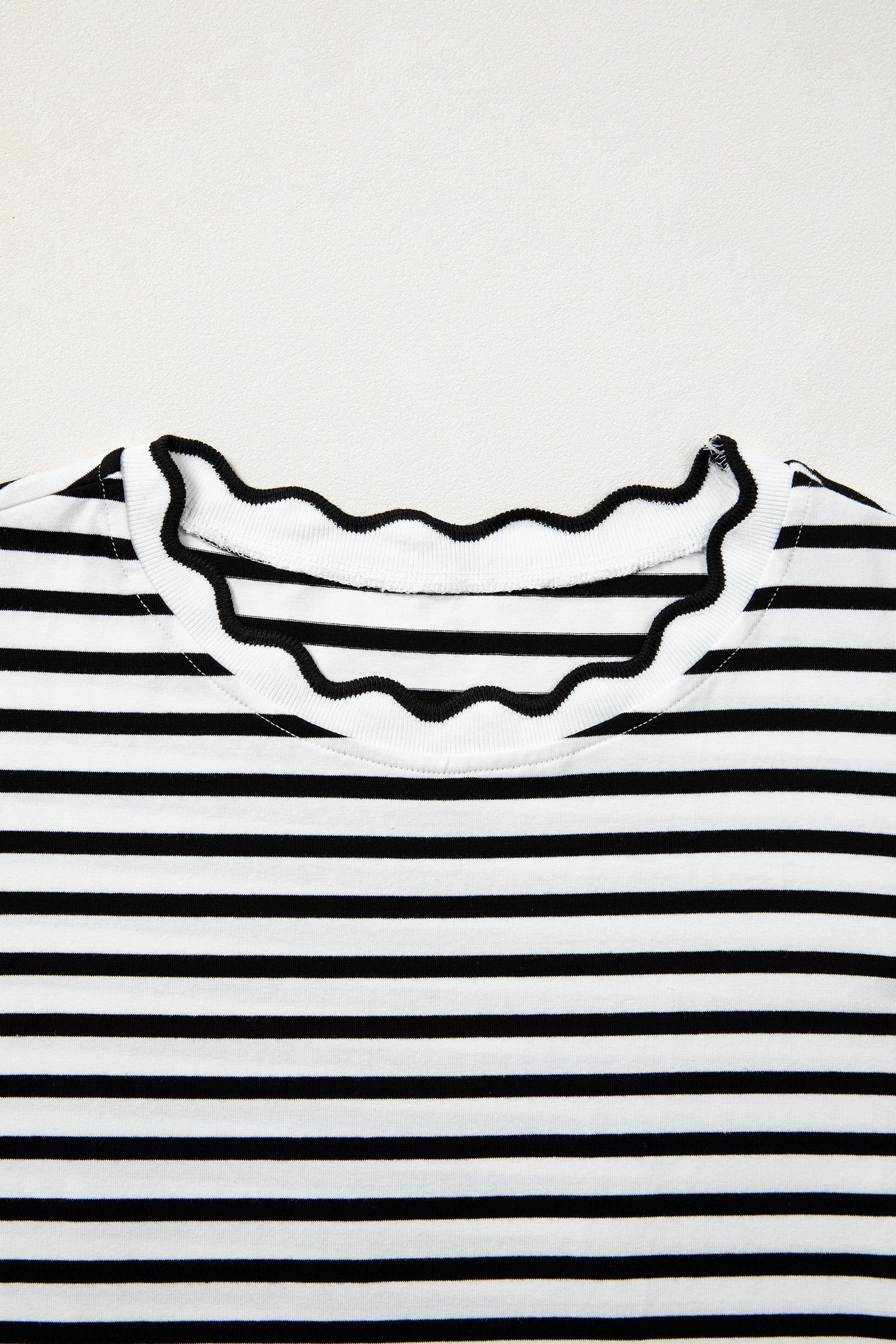 Stripe Scalloped Trim Round Neck T-Shirt