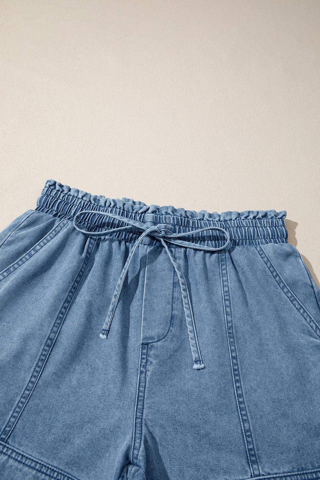 Solid Denim Smocked Elastic Waist Shorts