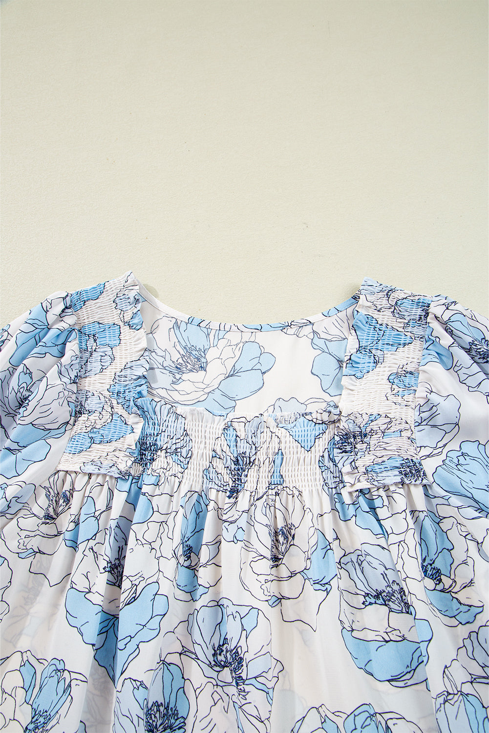Floral Frilly Smocked Square Neck Long Sleeve Blouse