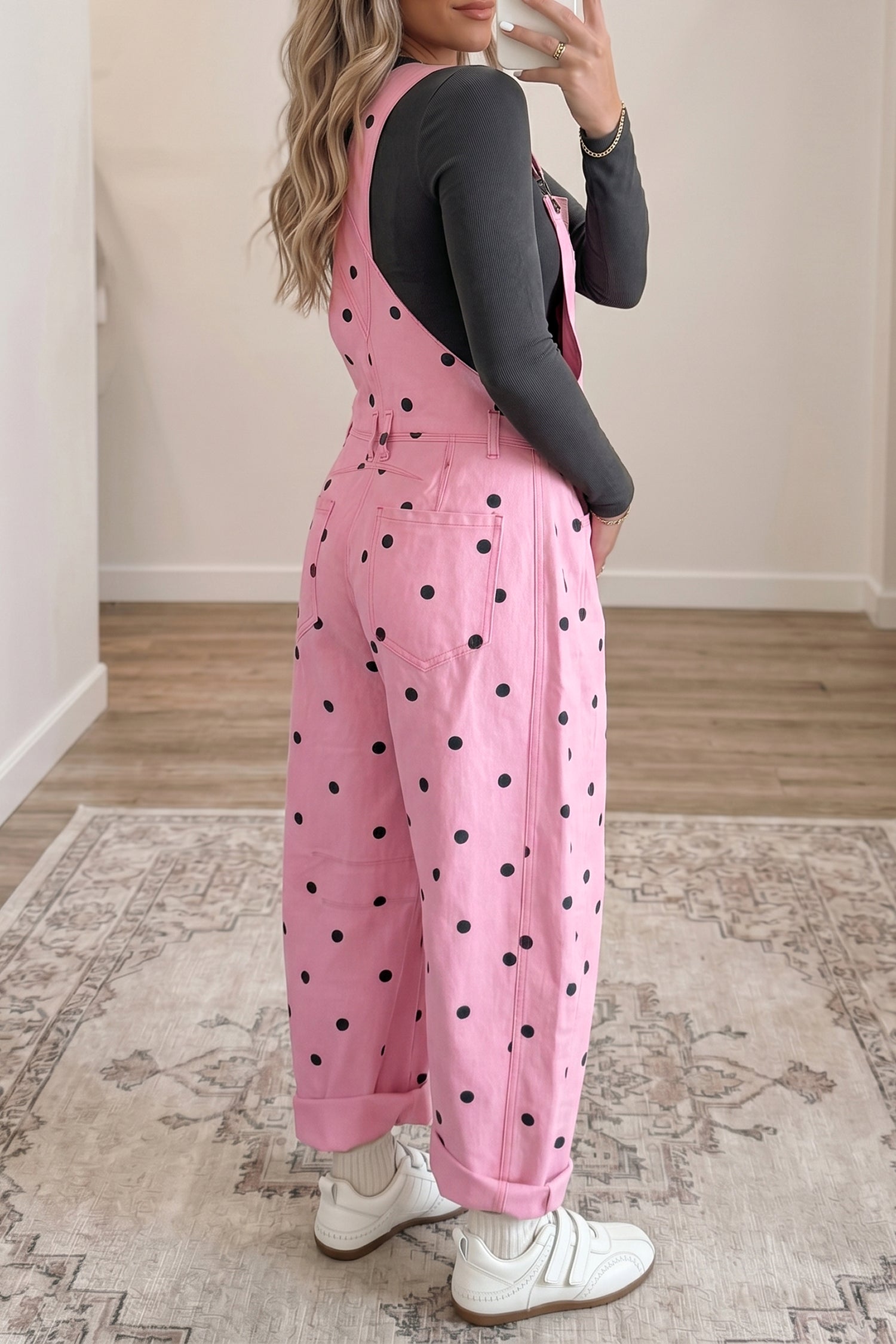 Polka Dot Denim Barrel Leg Overalls Jumpsuit