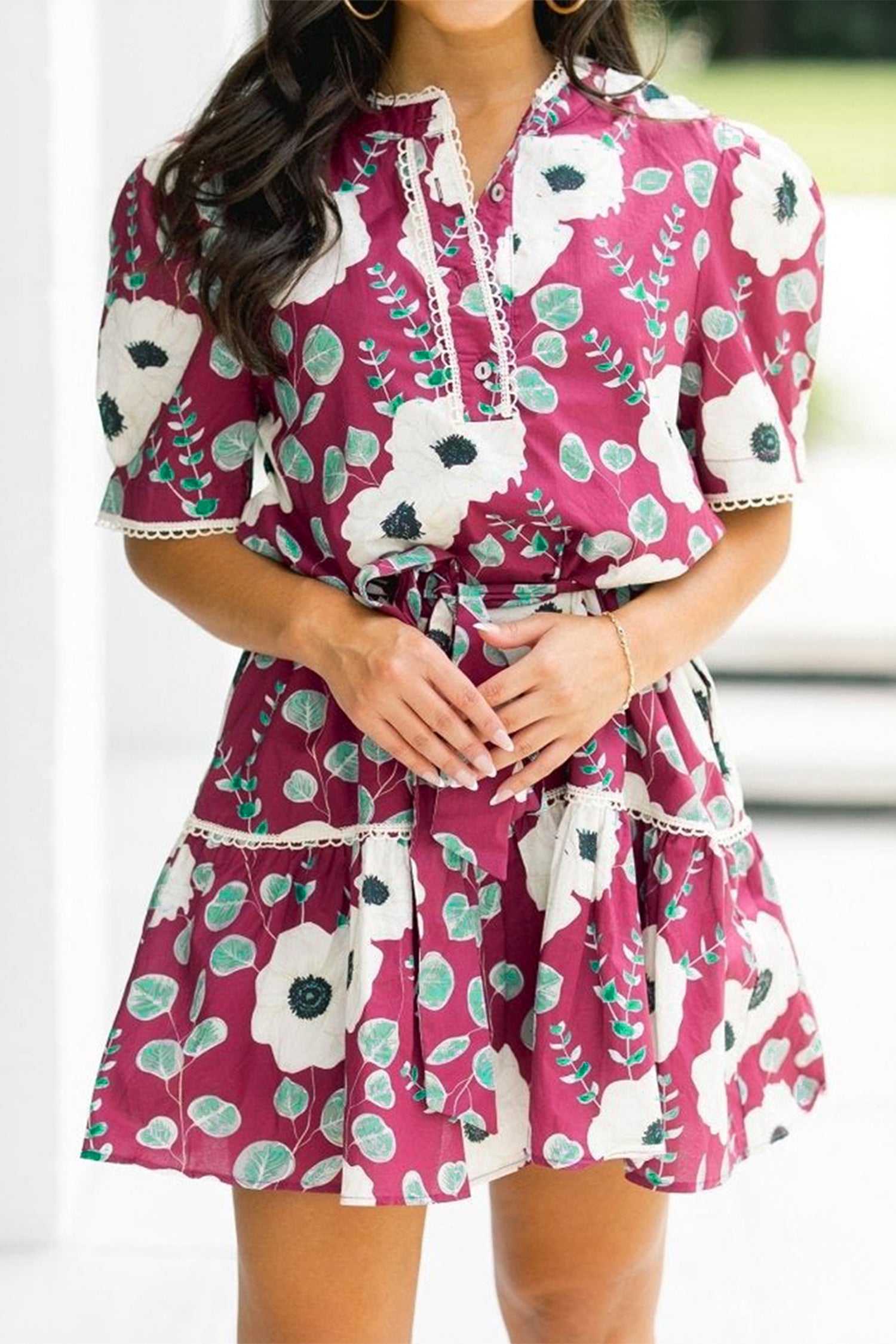 Floral Short Puff Sleeve Belted Mini Dress