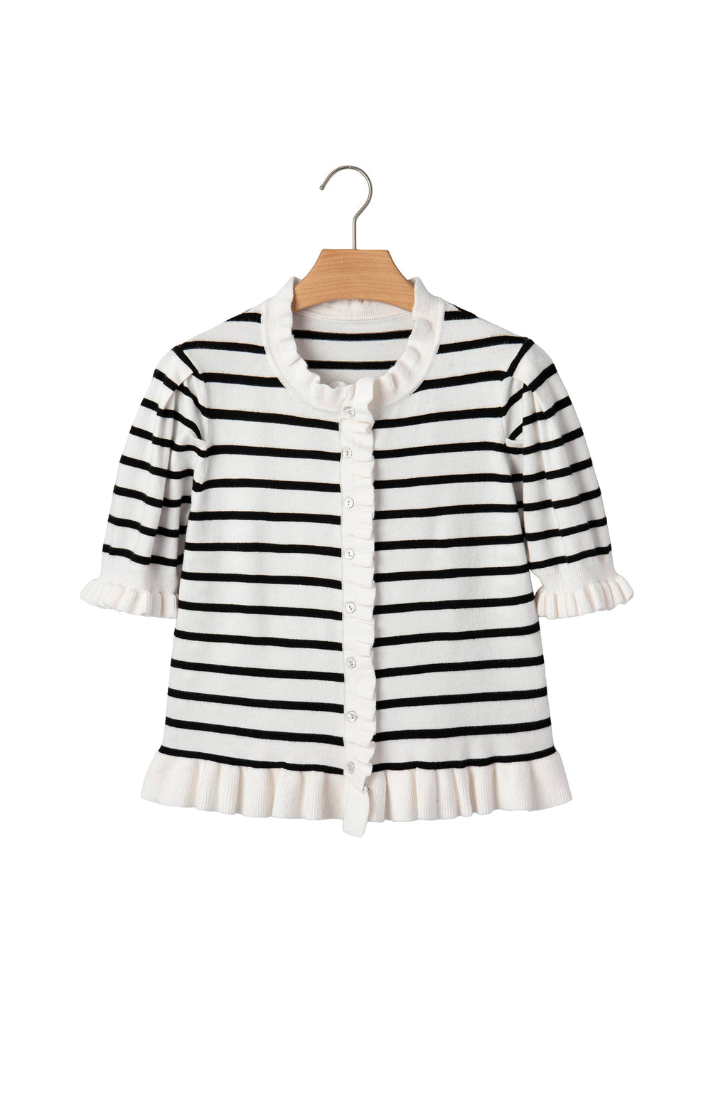 Stripe Ruffle Knit Short Sleeve Buttoned Cardigan