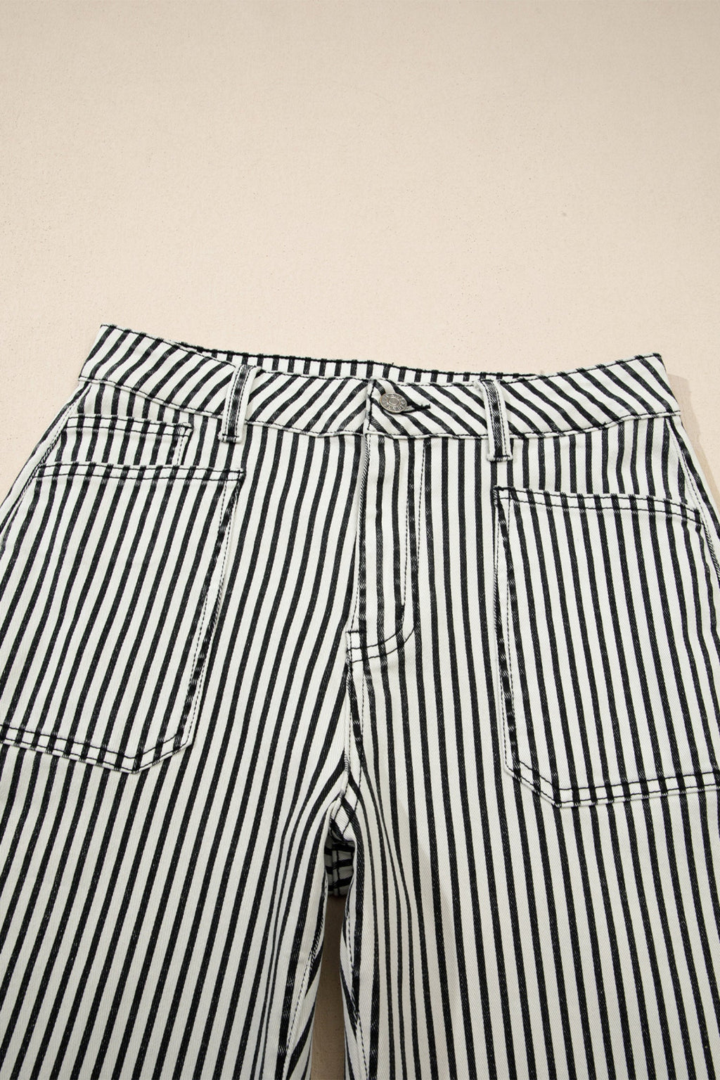 Stripe Denim High Waist Patch Pocket Jeans