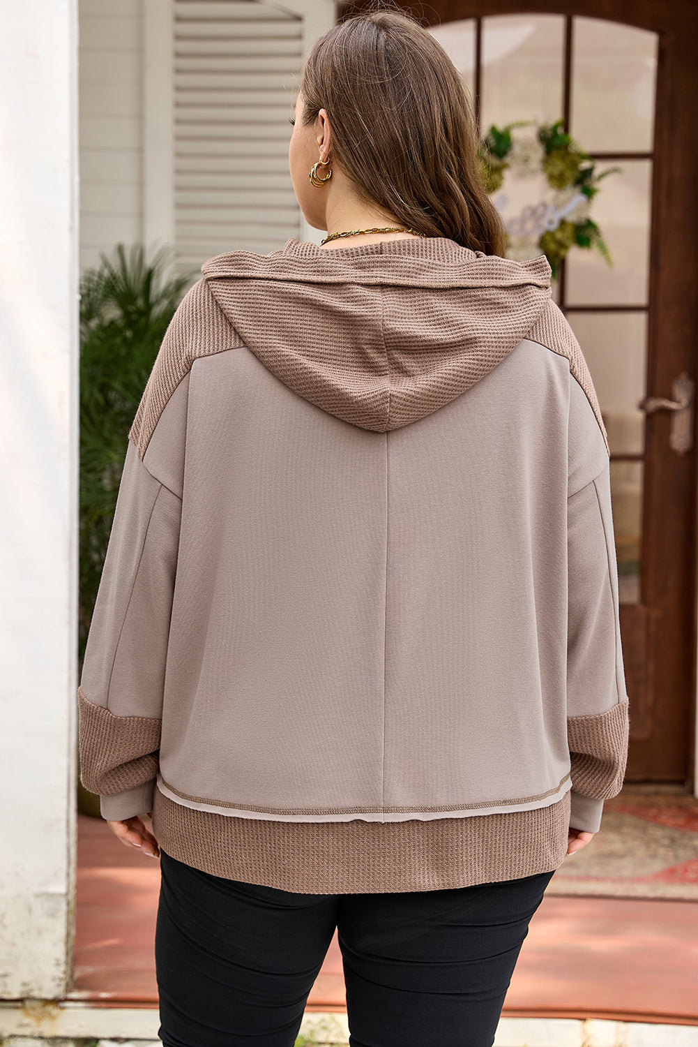 Plus Size Colorblock Waffle Knit Patchwork Pocketed Hoodie