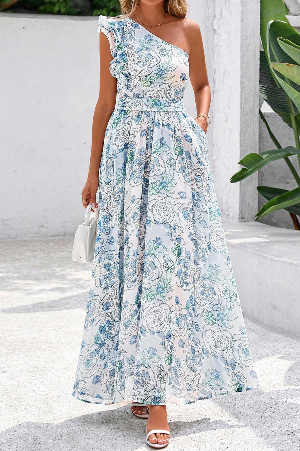 Floral Ruffle One Shoulder Maxi Dress