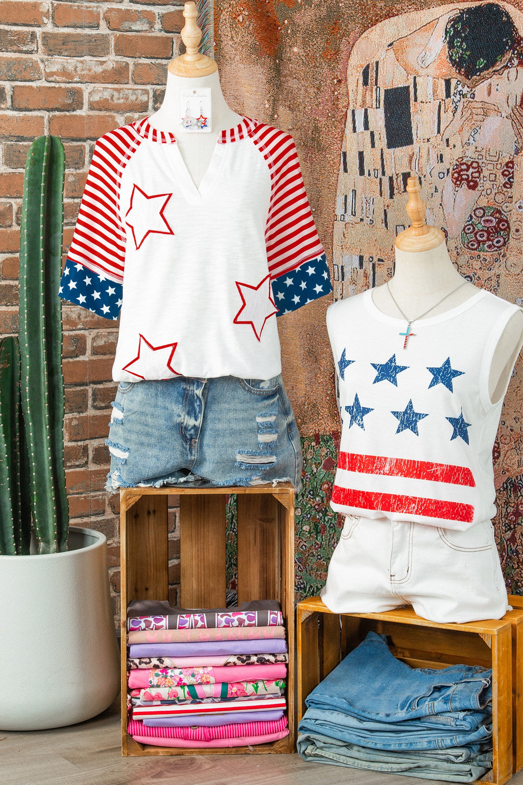 USA Flag Star Patchwork Short Sleeve Top
