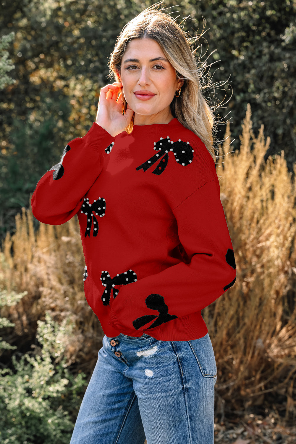 Bow Pearl Embellished Drop Shoulder Sweater