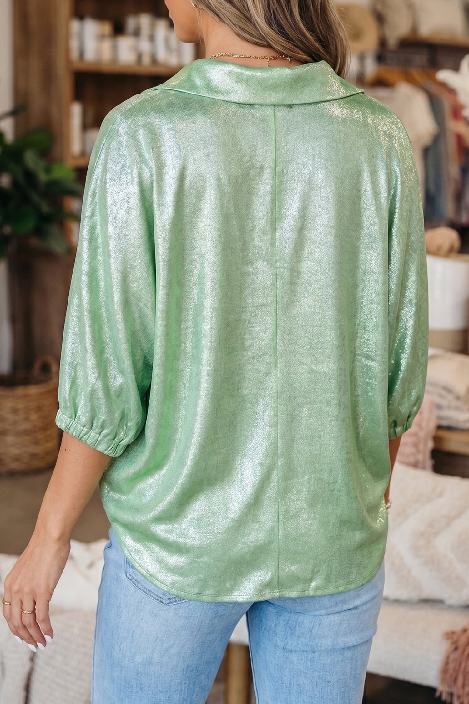 Metallic Collared V-Neck 3/4 Sleeve Top