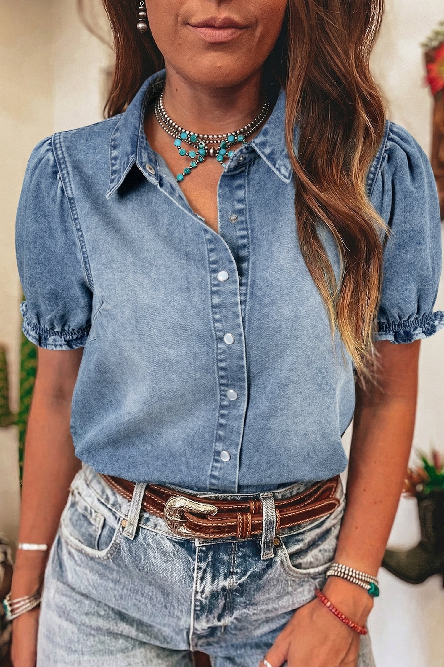 Denim Frilled Short Sleeve Snap Button Shirt