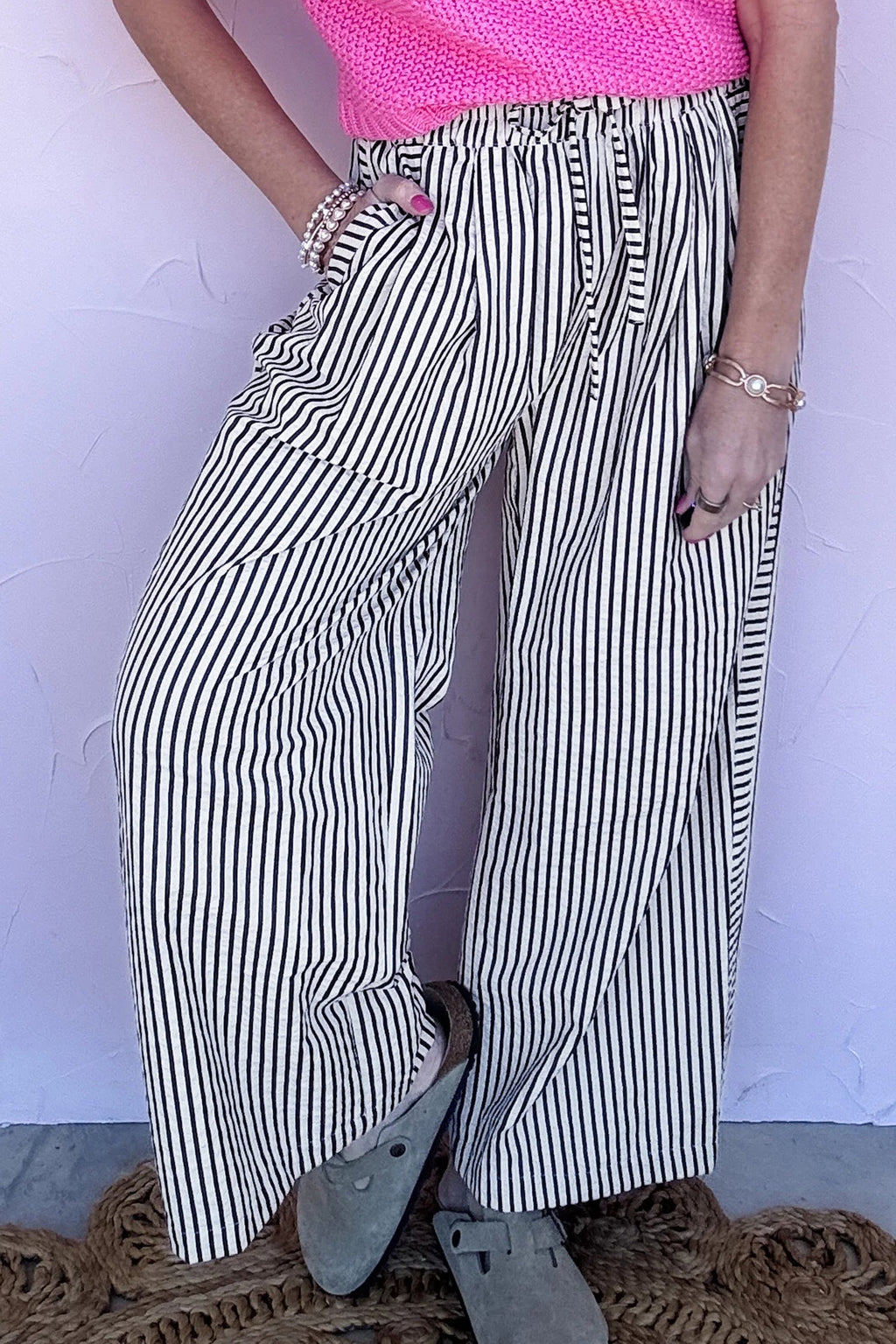 Stripe Wide Leg Elastic Drawstring Pants
