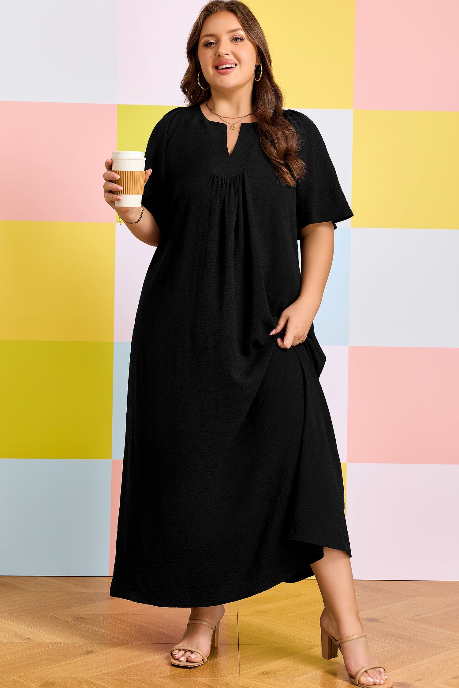 Plus Size Solid Notched Neck Short Sleeve Dress