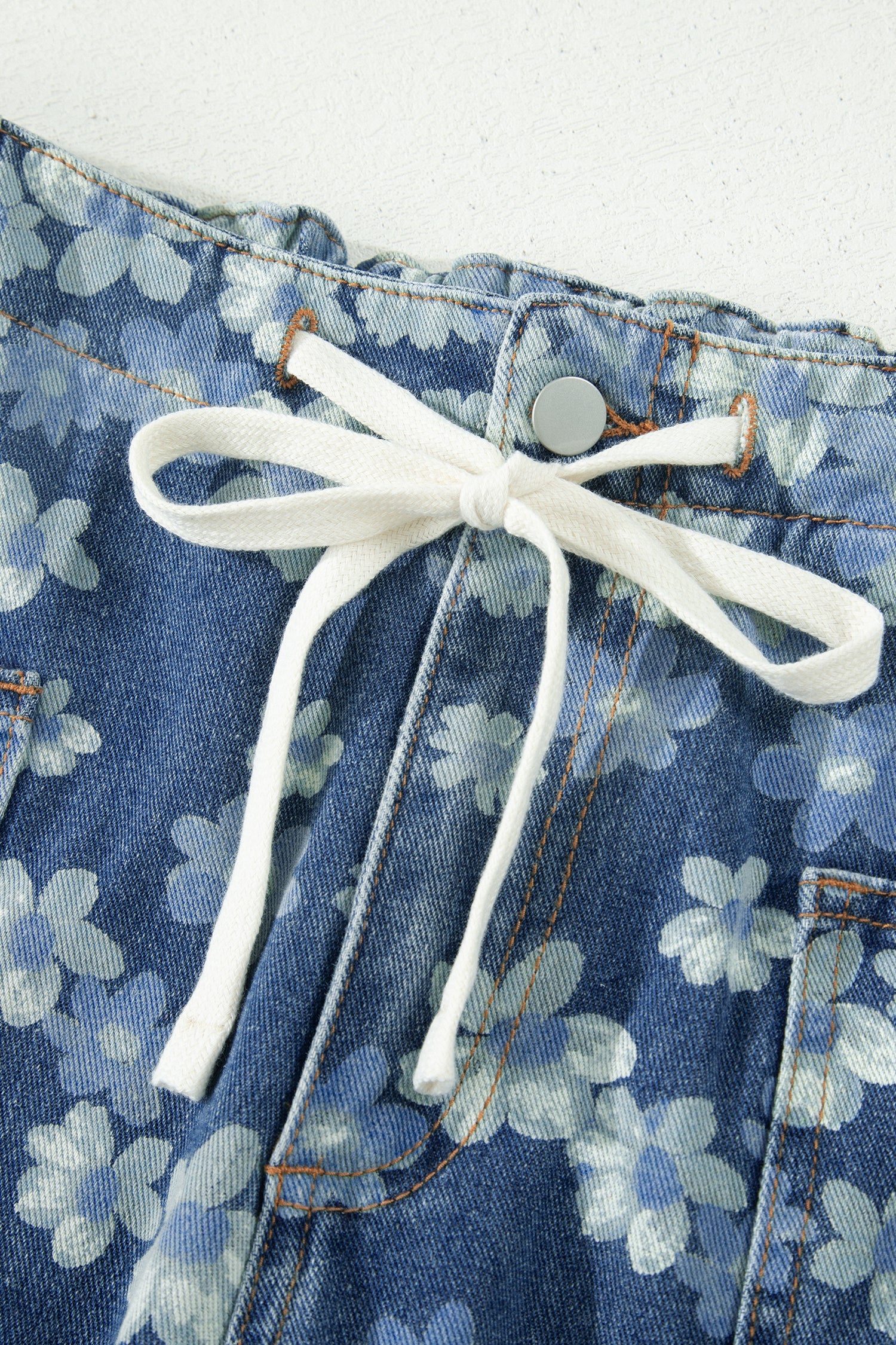 Floral Denim Drawstring Barrel Leg Jeans