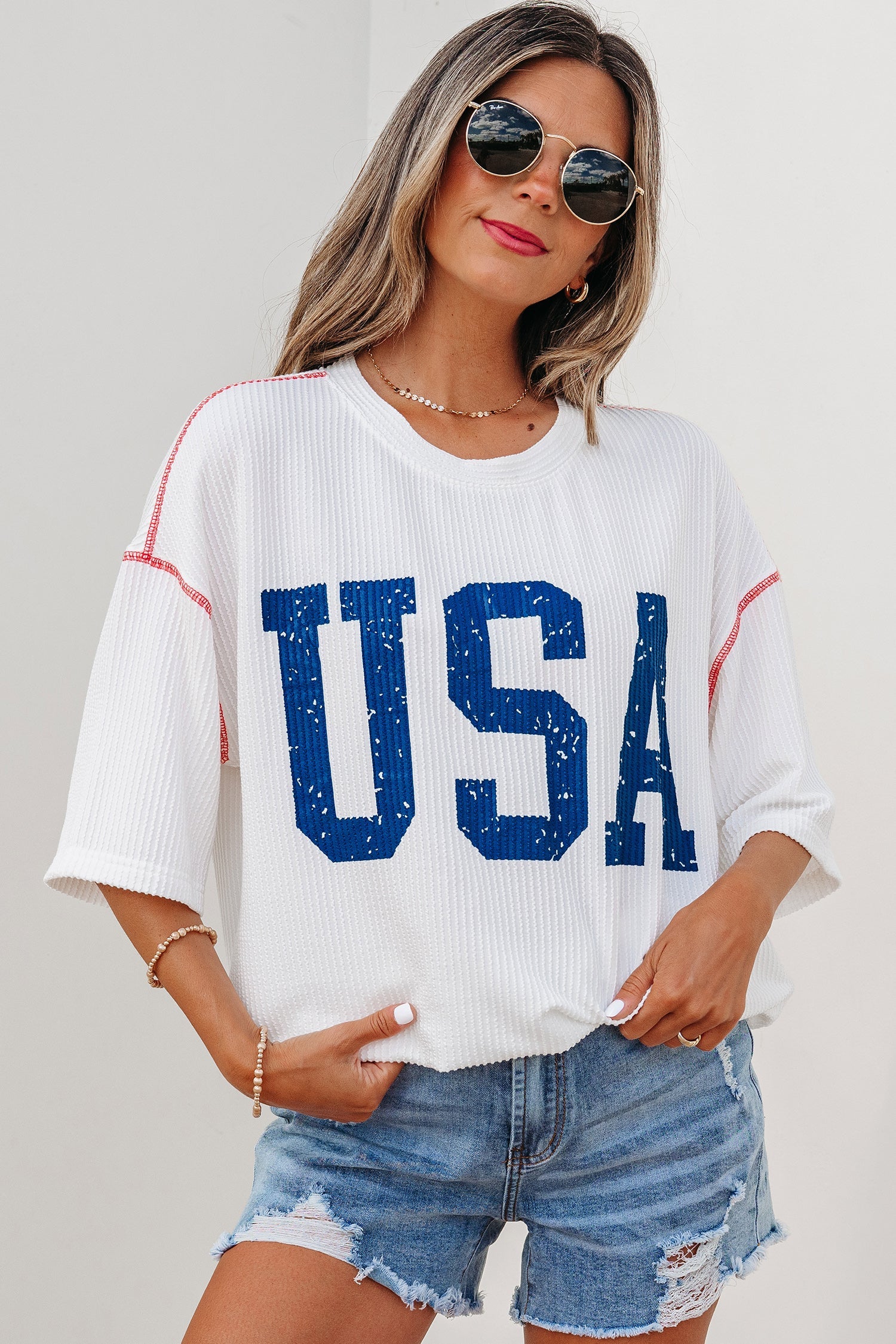 USA Corded Knit Short Sleeve Graphic Top