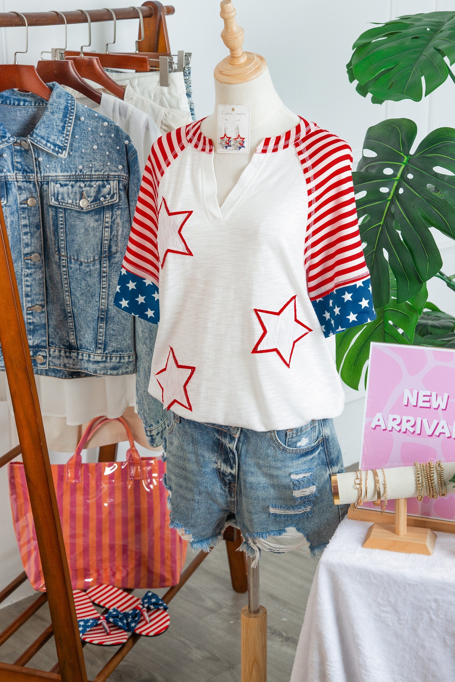 USA Flag Star Patchwork Short Sleeve Top