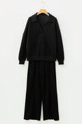 Bristol Black Collared V-Neck Pullover Sweatshirt Sweatpants Set