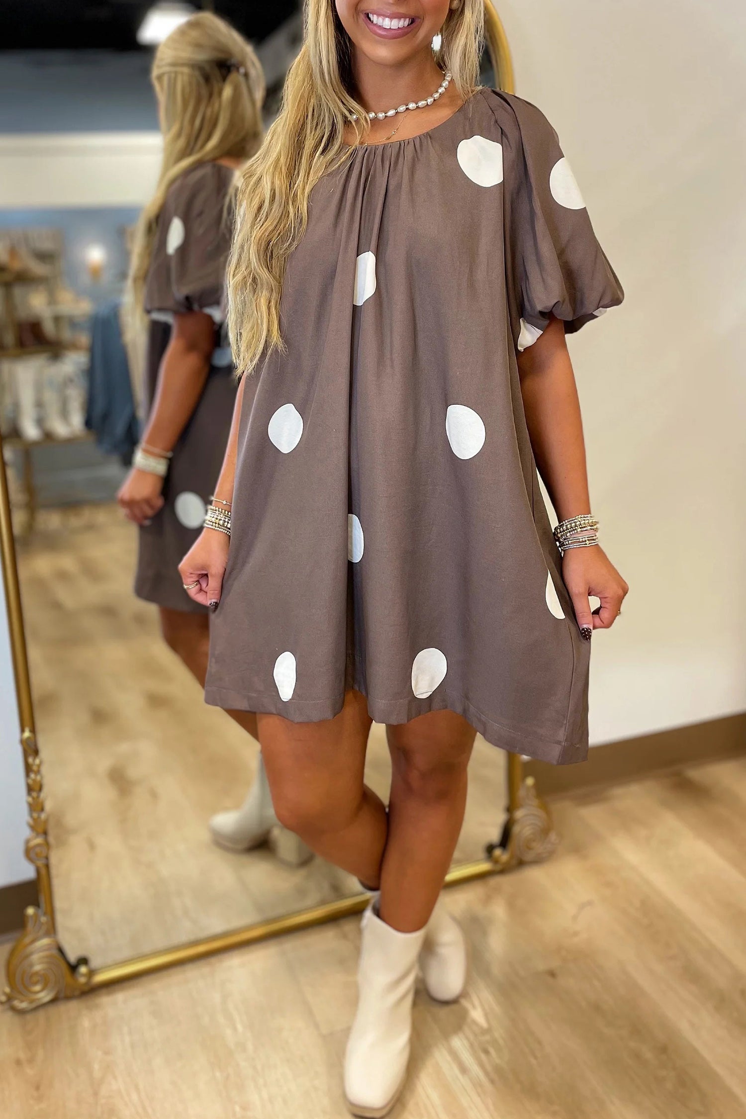 Polka Dot Bow Tie Back Puff Sleeve Mini Dress