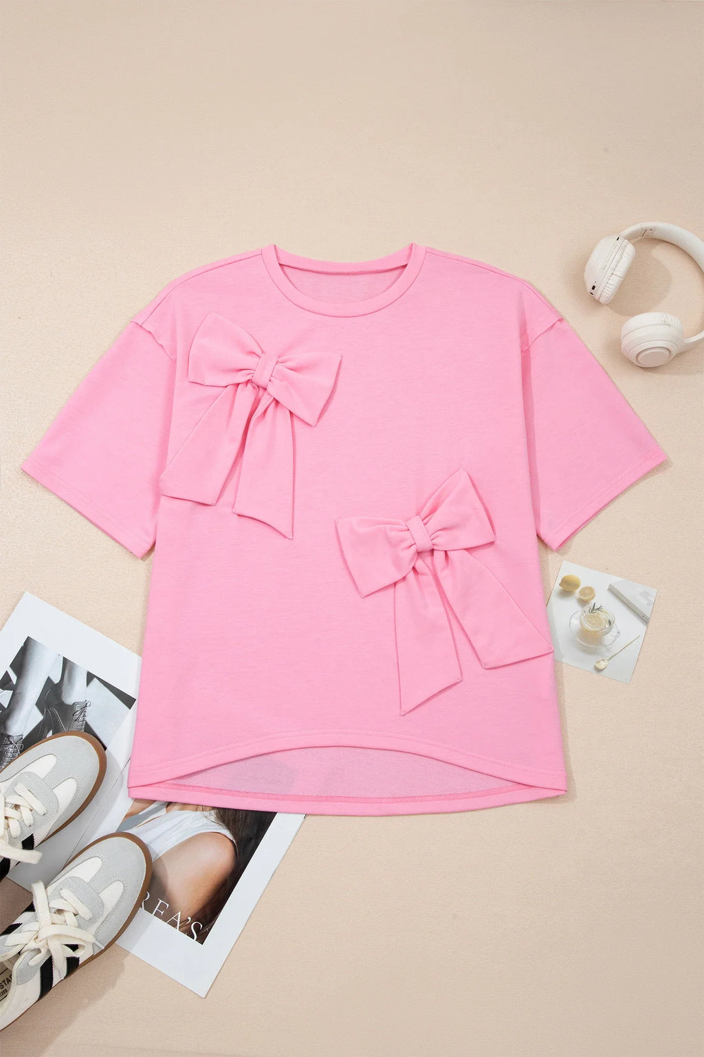 Solid Bow Patch Raw Edge Loose T-Shirt