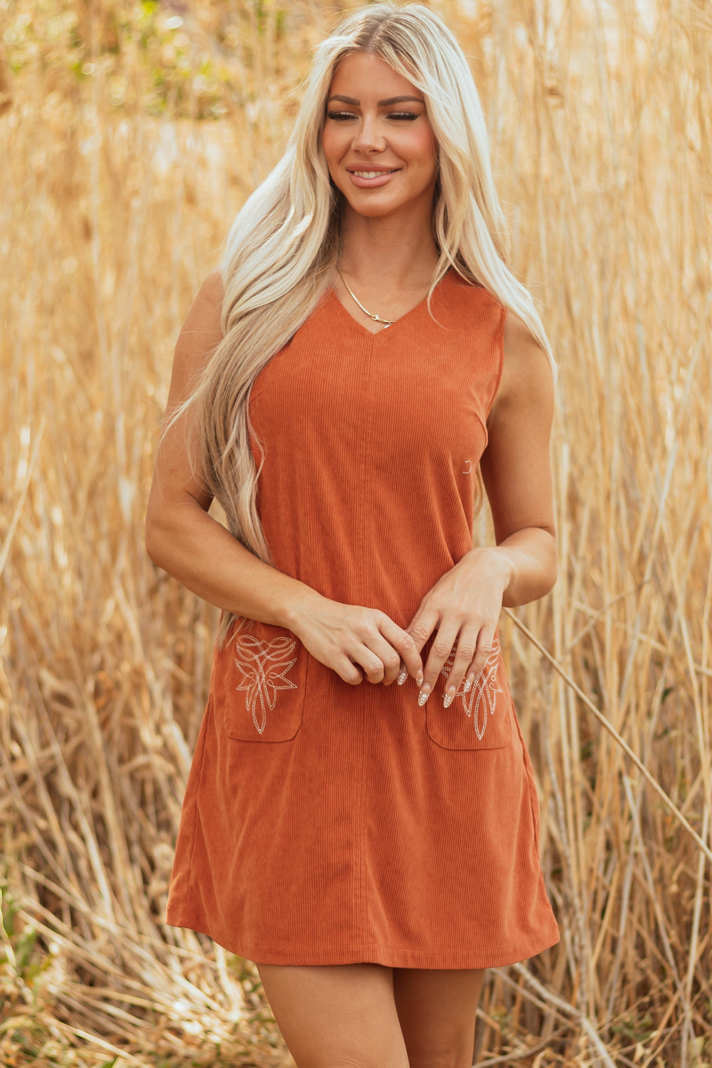 Western Corduroy Embroidered Patch Pocket Mini Dress