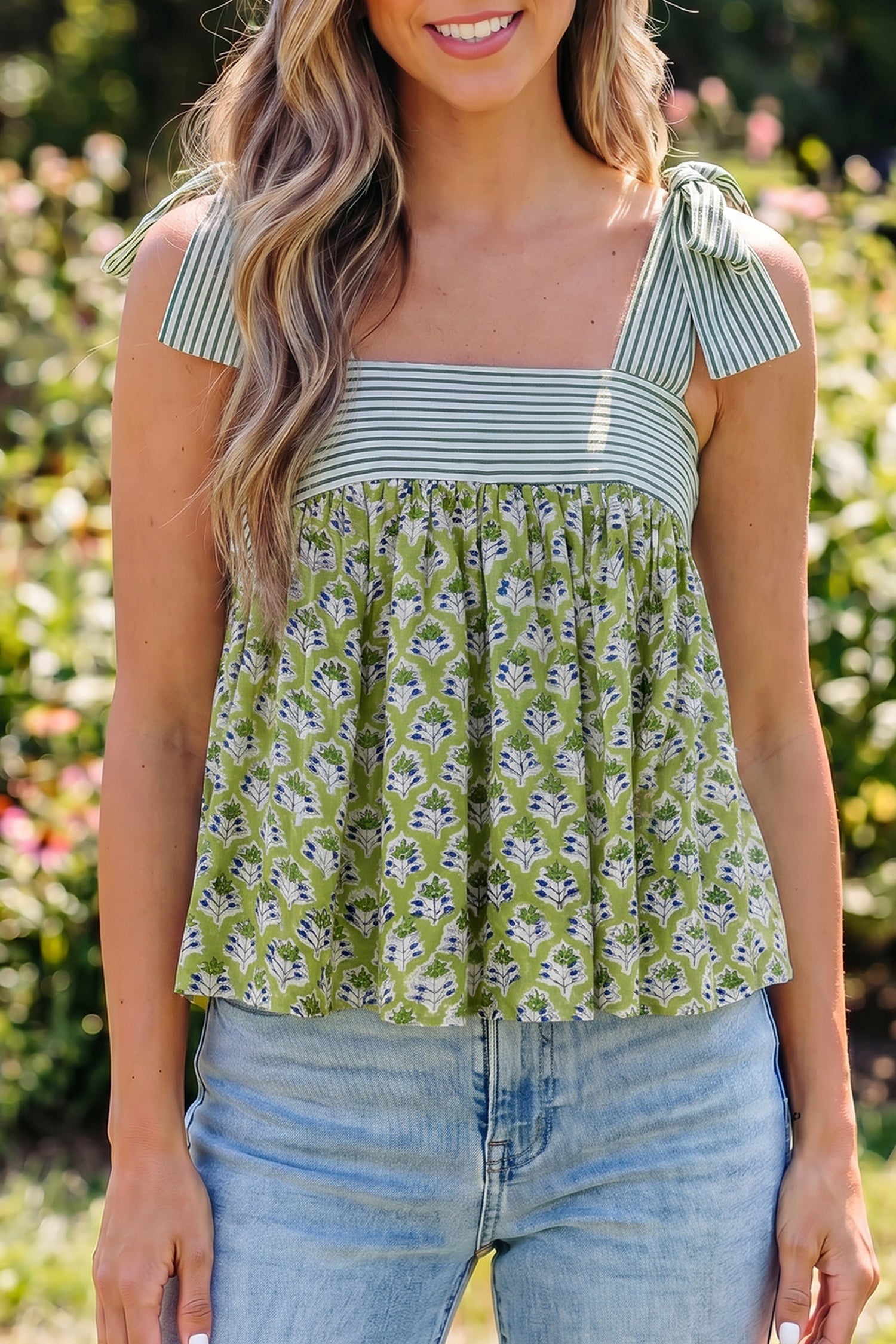 Floral Stripe Tie Strap Babydoll Tank Top