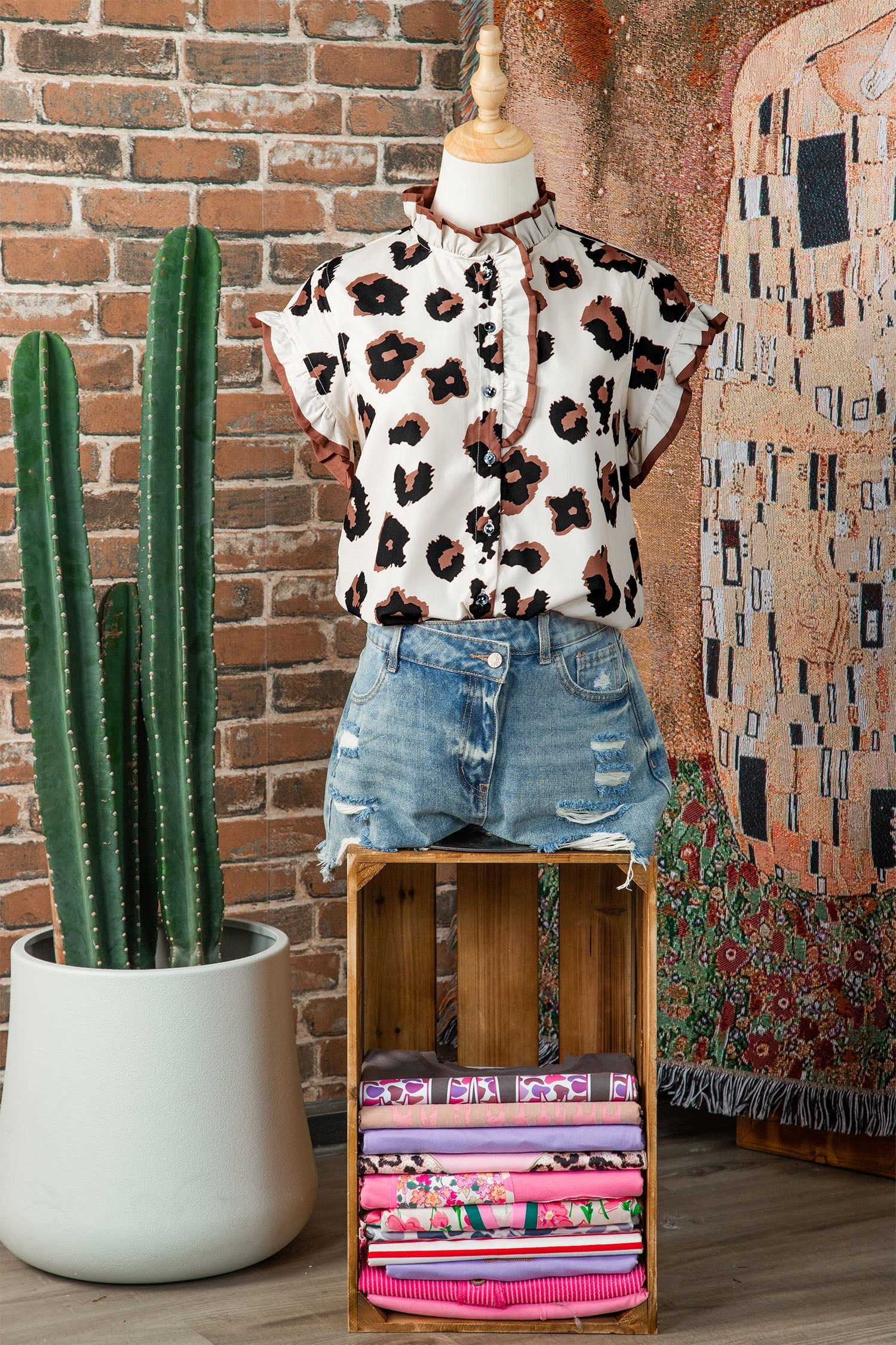 Leopard Ruffle Sleeve Button Up Blouse