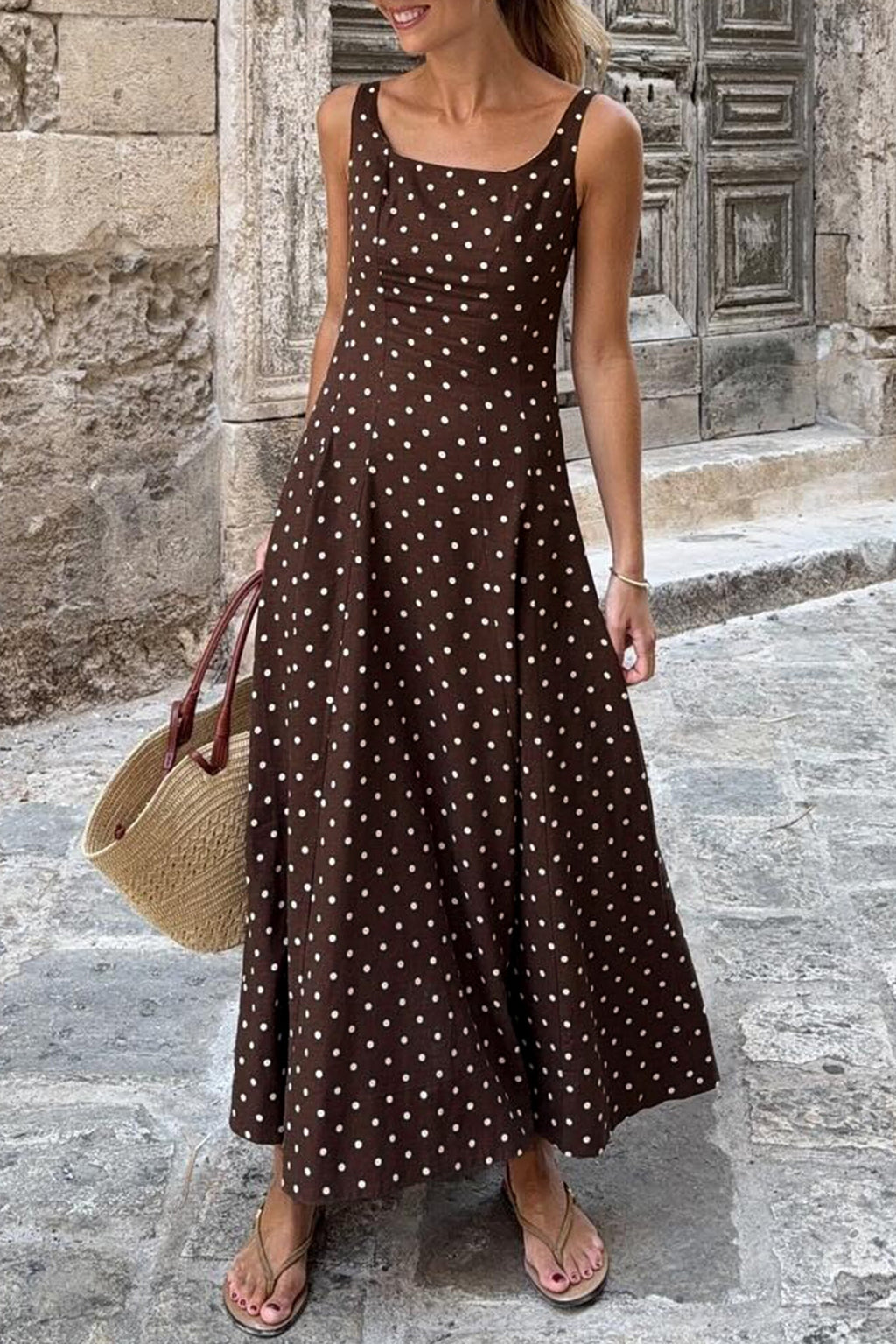 Polka Dot Square Neck Vacation Maxi Dress