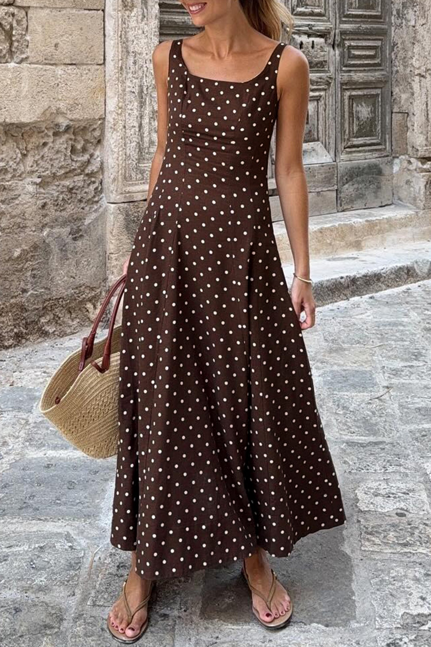 Polka Dot Square Neck Vacation Maxi Dress