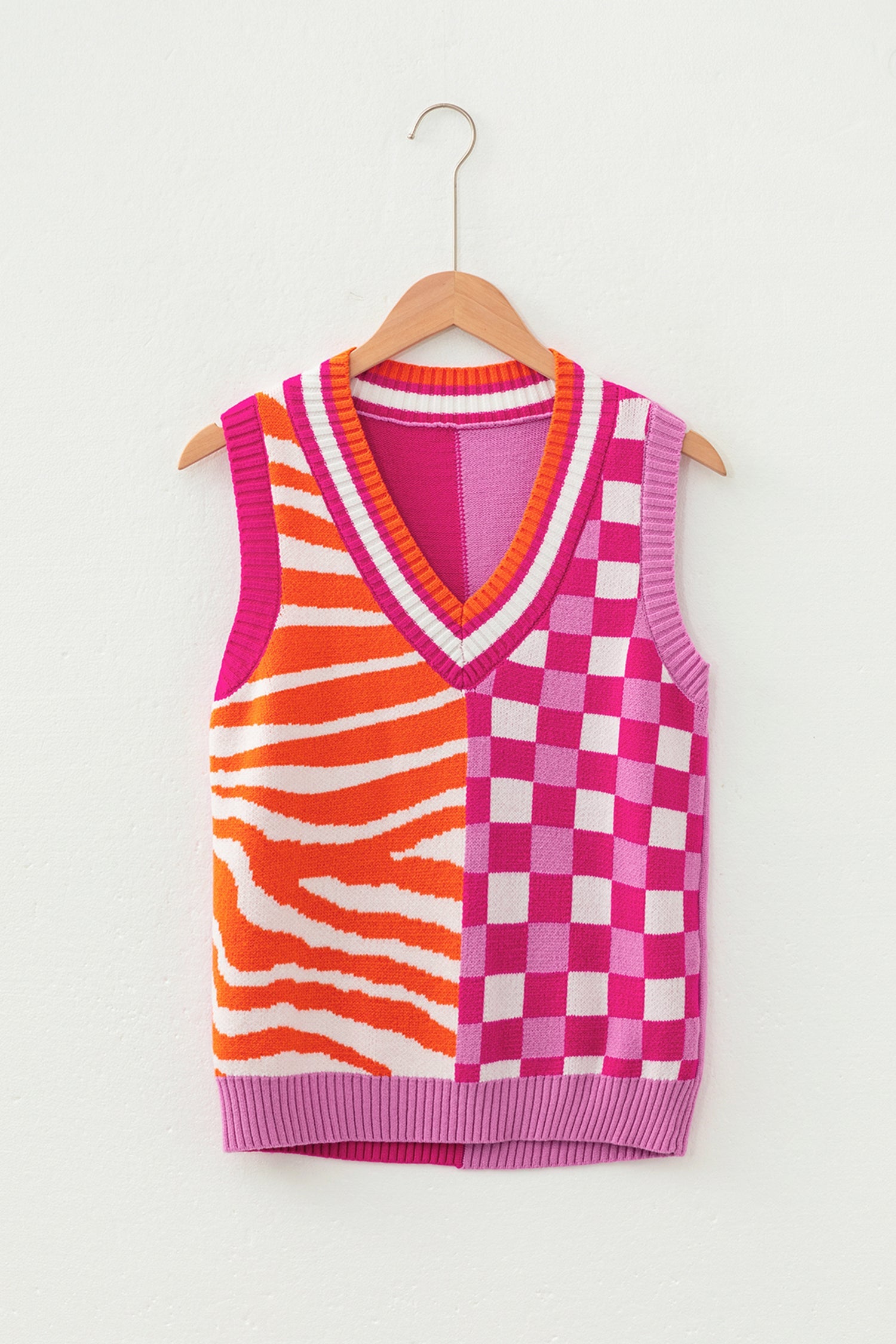 Stripe Checker Patchwork V-Neck Sweater Top