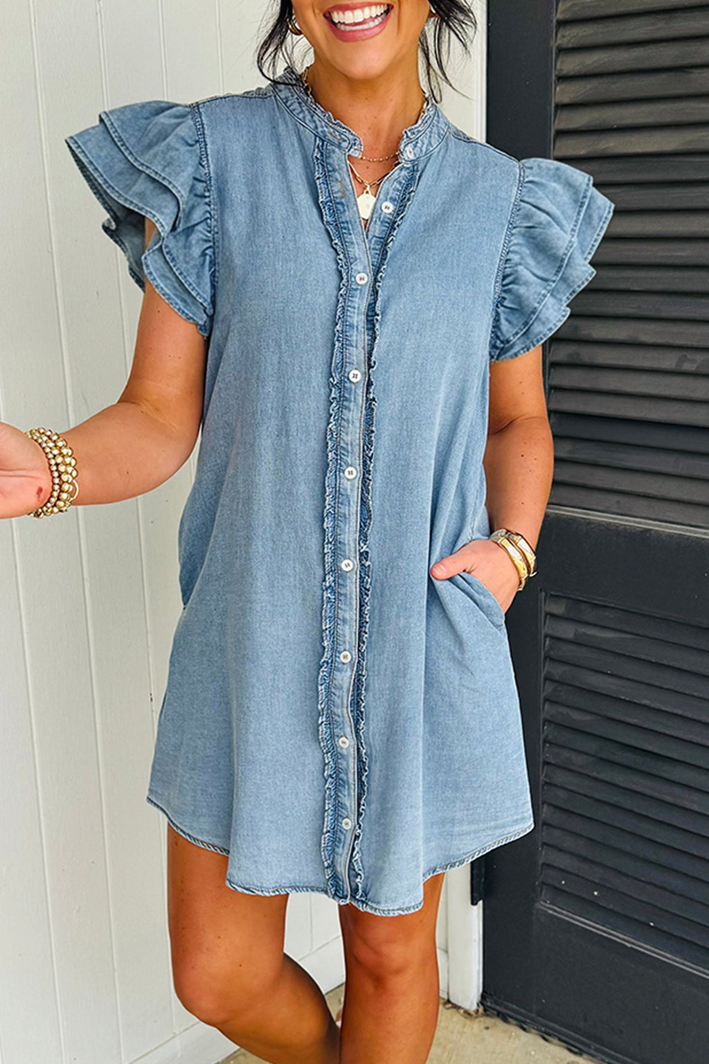 Solid Denim Frilled Ruffle Sleeve Buttoned Mini Dress
