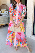 Floral Stripe Trim Puff Sleeve Buttoned Maxi Dress