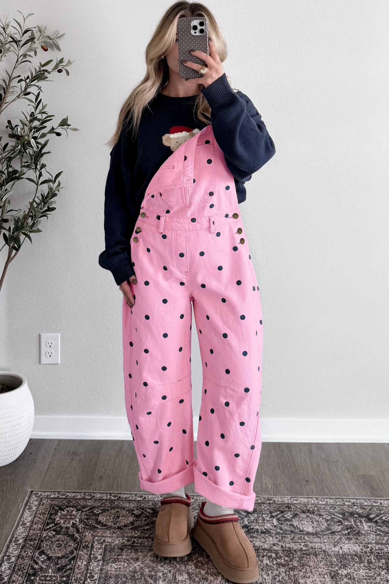 Polka Dot Denim Barrel Leg Overalls Jumpsuit