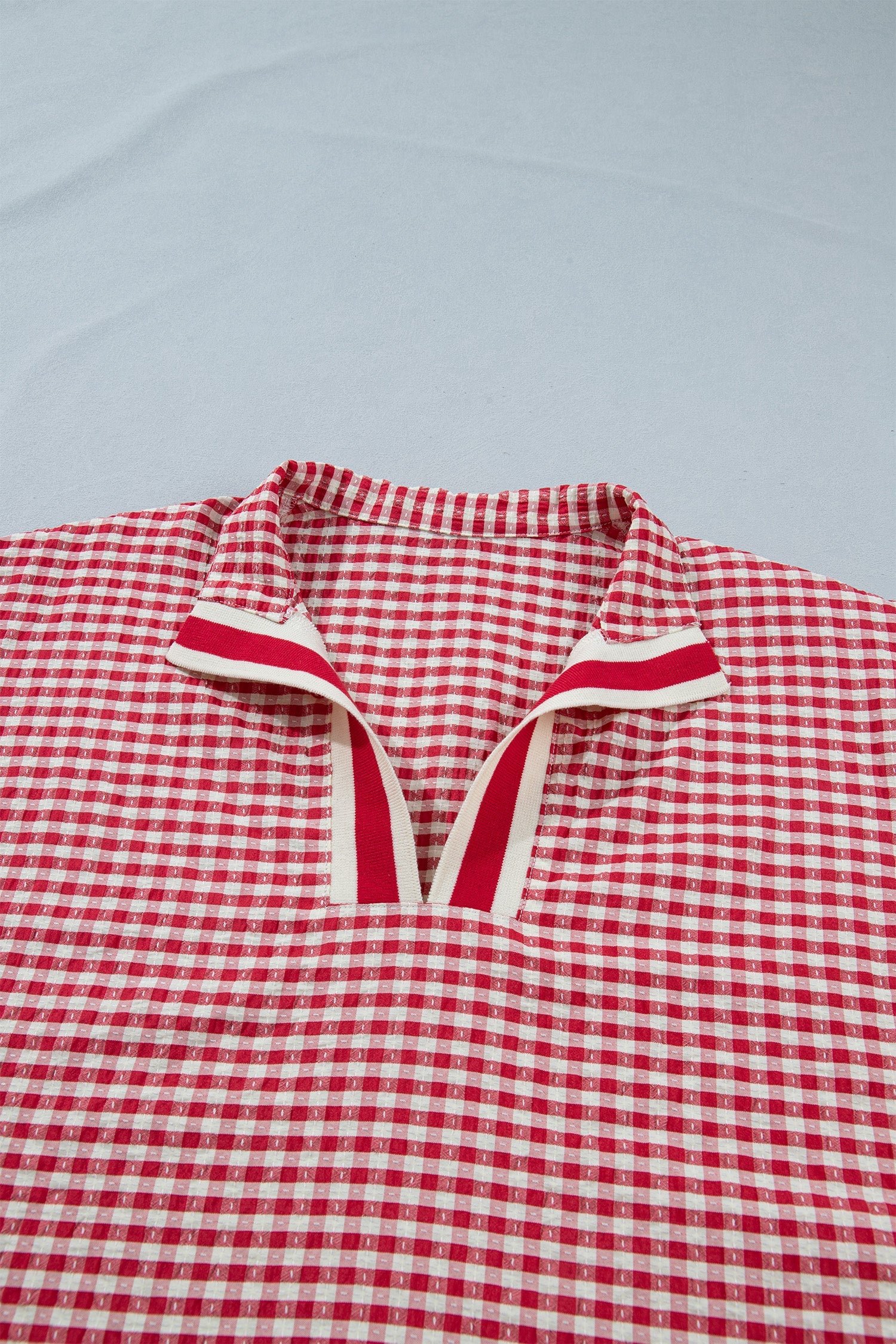 Gingham Plaid Colorblock Trim Split Neck Blouse