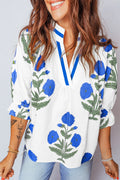 Flower Contrast V-Neck 3/4 Sleeve Blouse