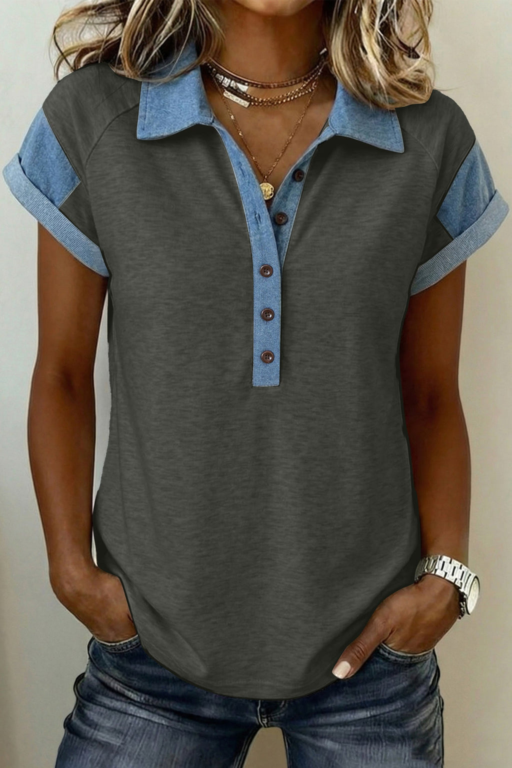 Colorblock Denim Patchwork Shirt Collar Blouse