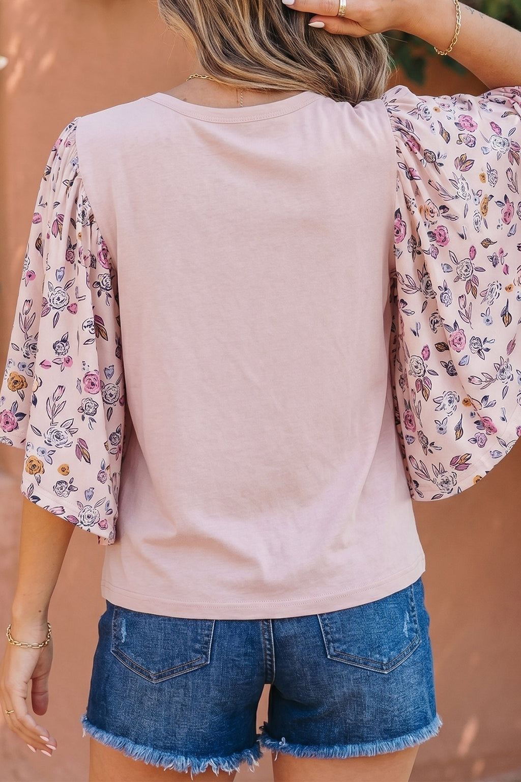 Floral Contrast Patchwork Flowy 3/4 Sleeve Blouse