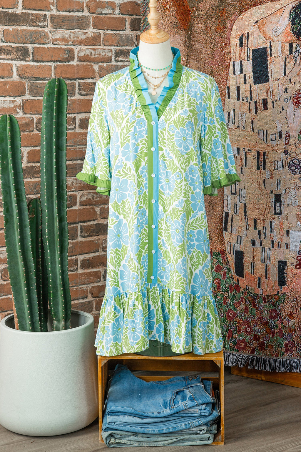 Floral Frilled V-Neck Button Front Dress