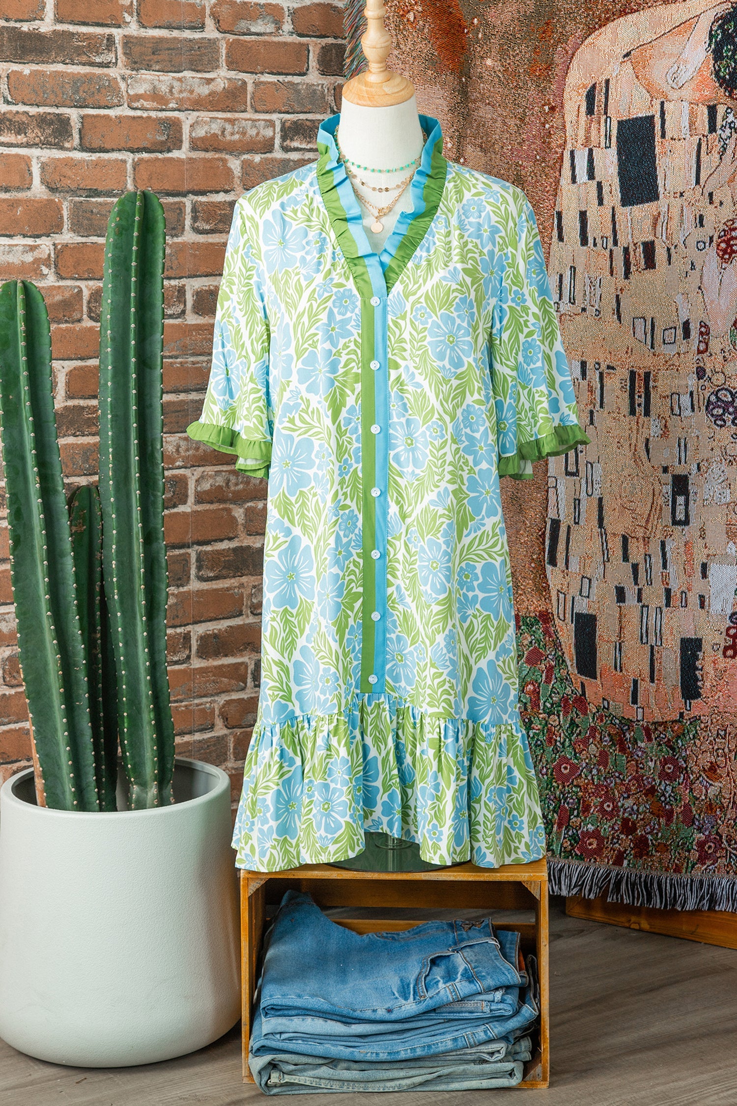 Floral Frilled V-Neck Button Front Dress