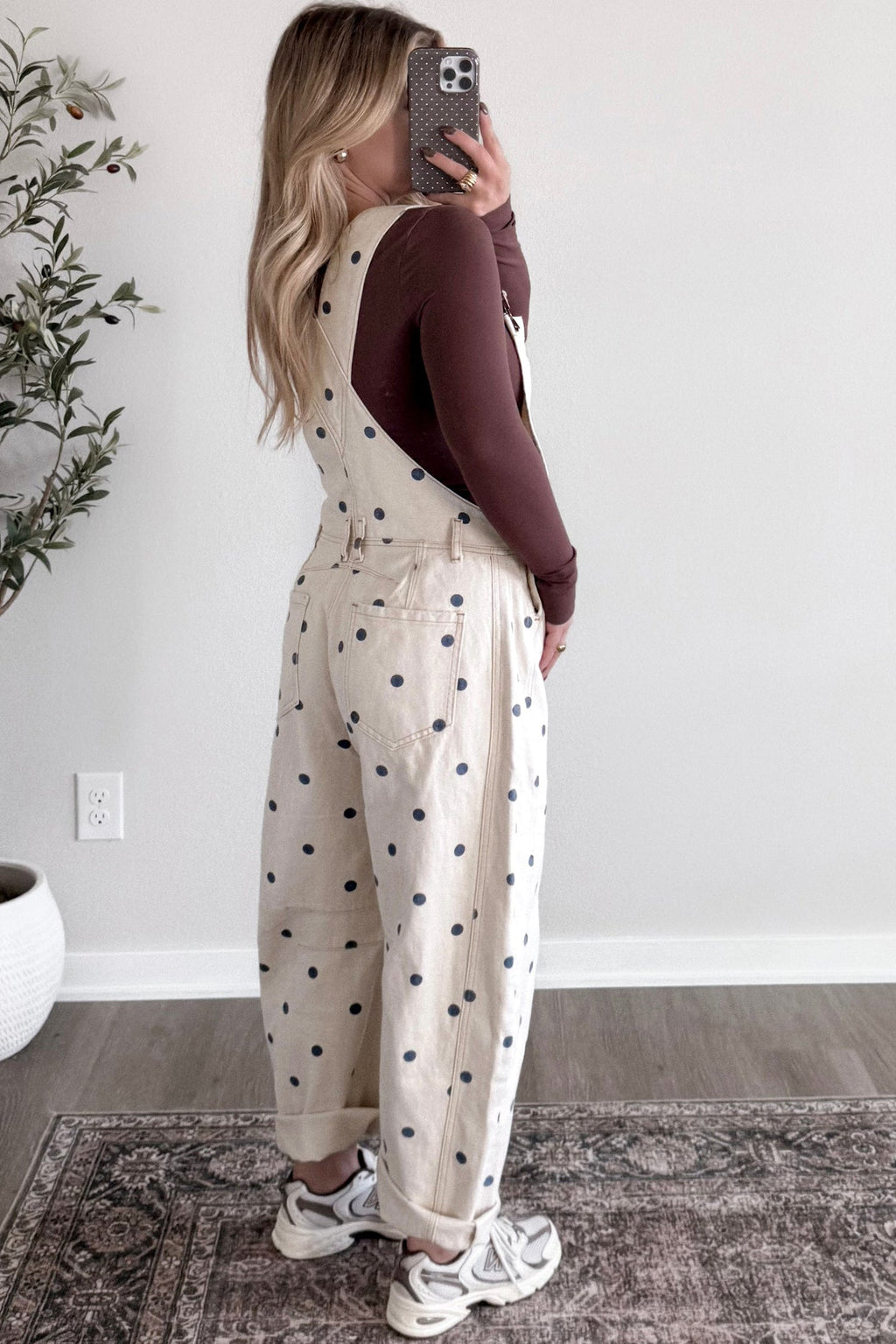 Polka Dot Denim Barrel Leg Overalls Jumpsuit