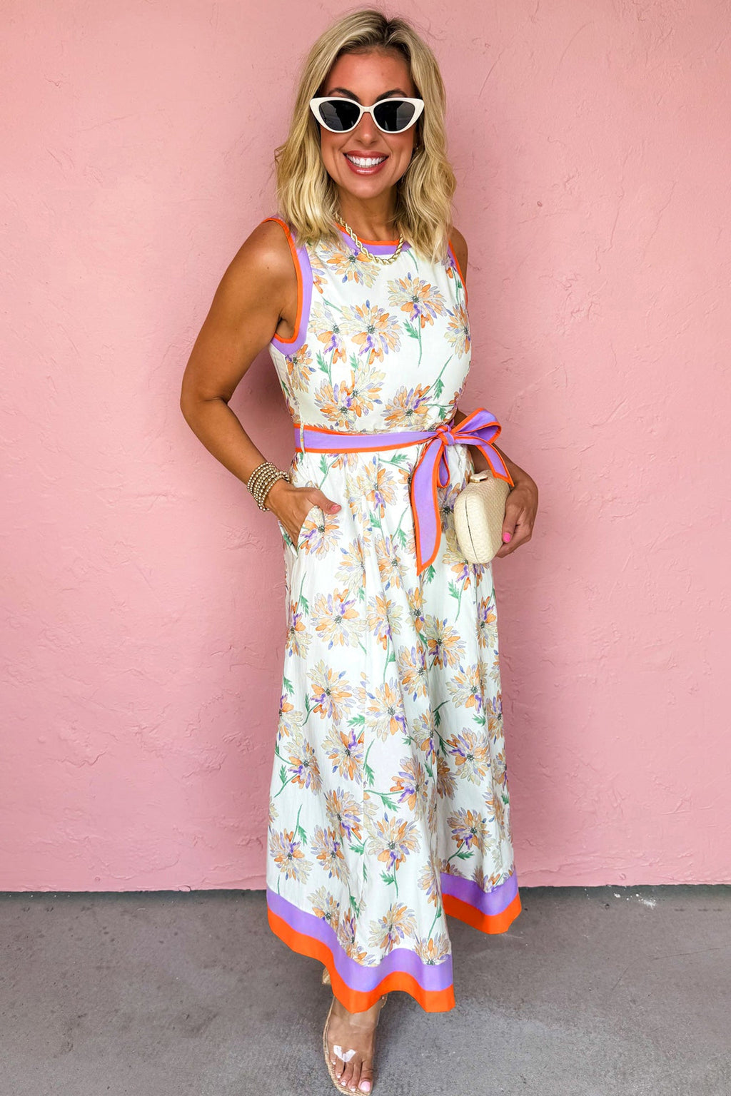 Floral Colorblock Trim Belted Sleeveless Maxi Dress