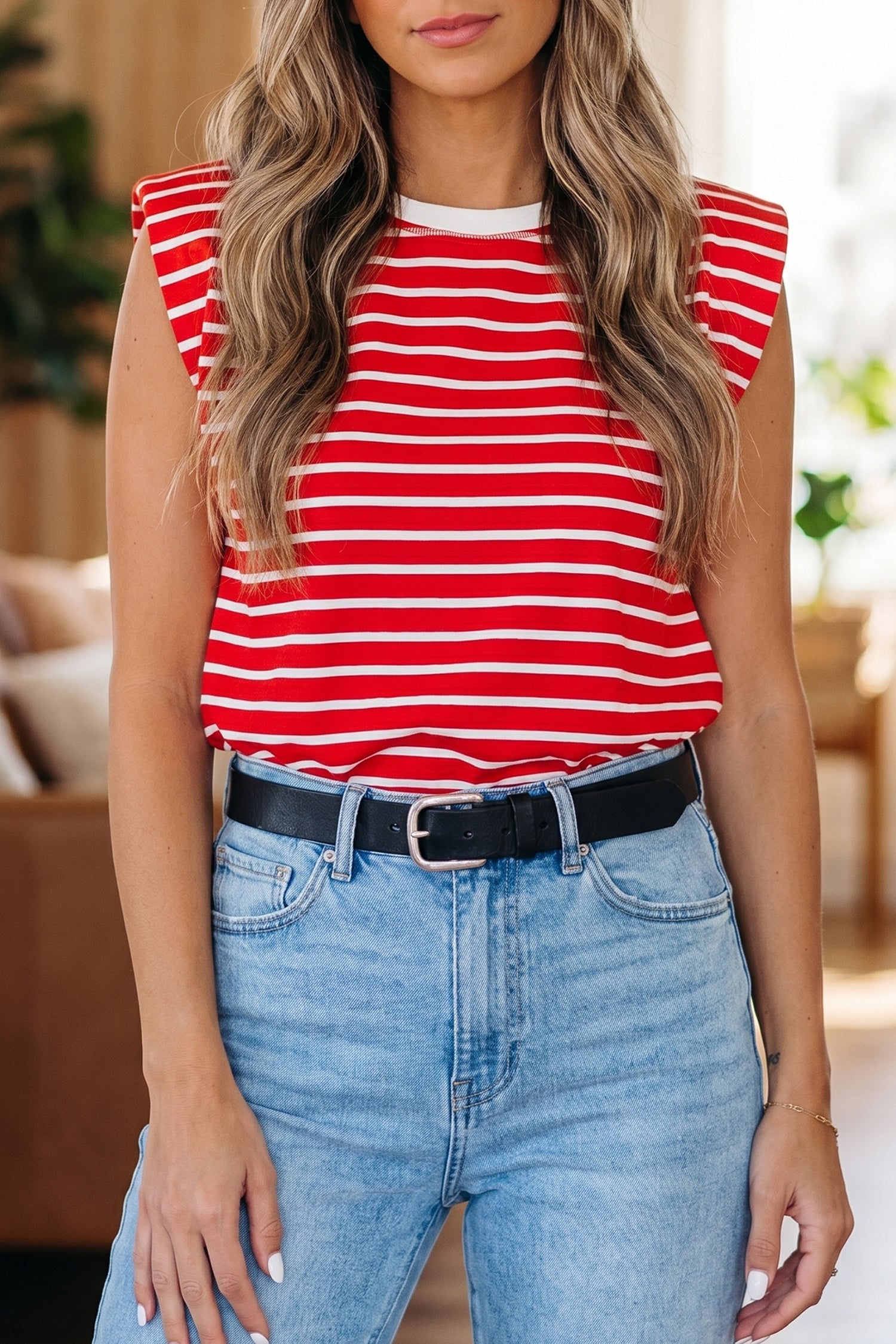 Stripe Ribbed Trim Round Neck Tank Top