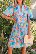 Floral Stripe Scallop Trim V-Neck Tiered Dress