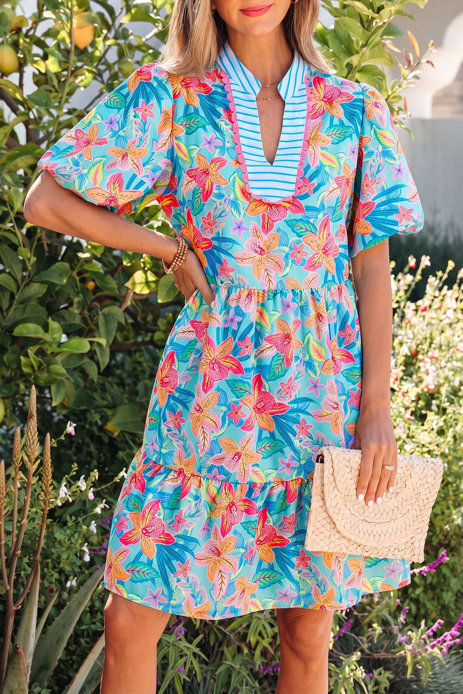 Floral Stripe Scallop Trim V-Neck Tiered Dress