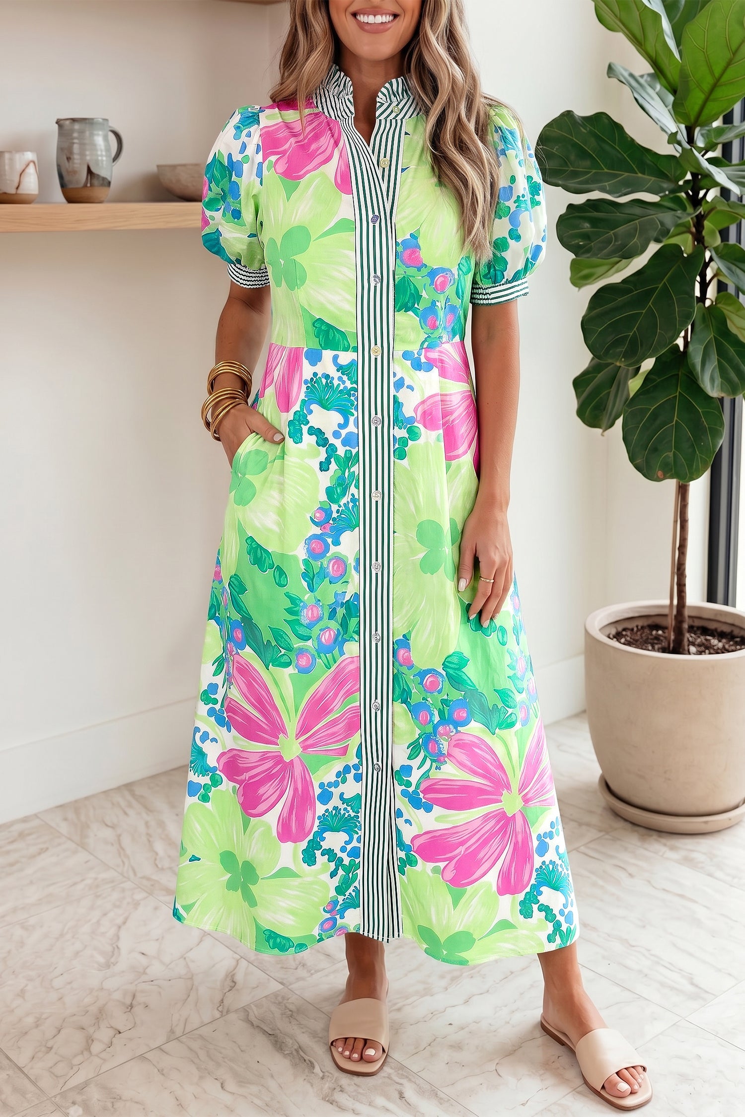 Floral Stripe Trim Button Down Vacation Dress