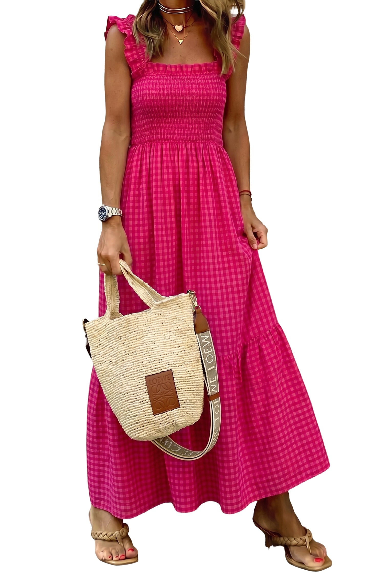 Gingham Plaid Smocked Square Neck Sundress