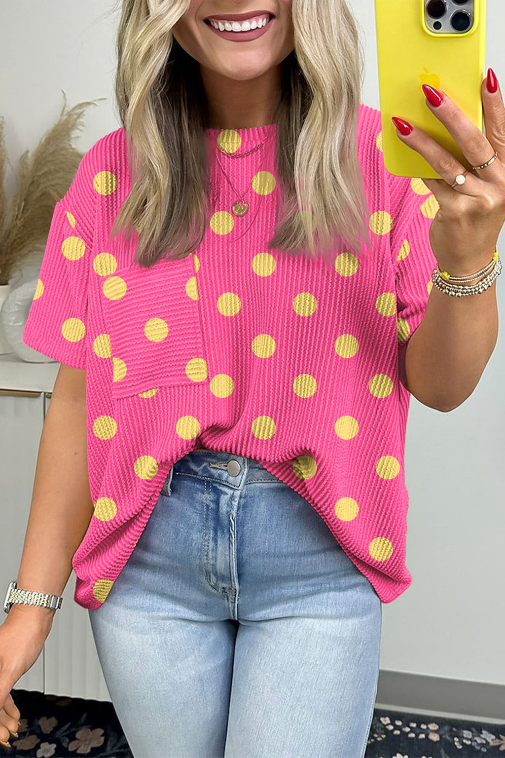 Polka Dot Patch Pocket Drop Shoulder Textured Top