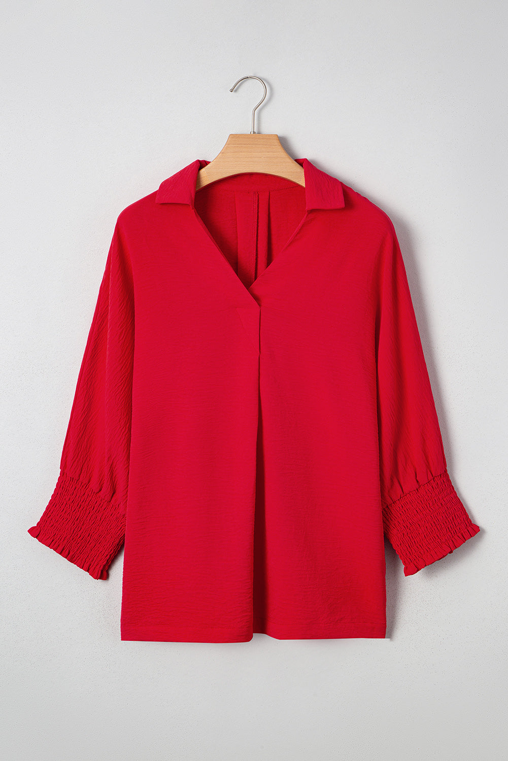 Solid Collared V-Neck Smocked 3/4 Sleeve Top