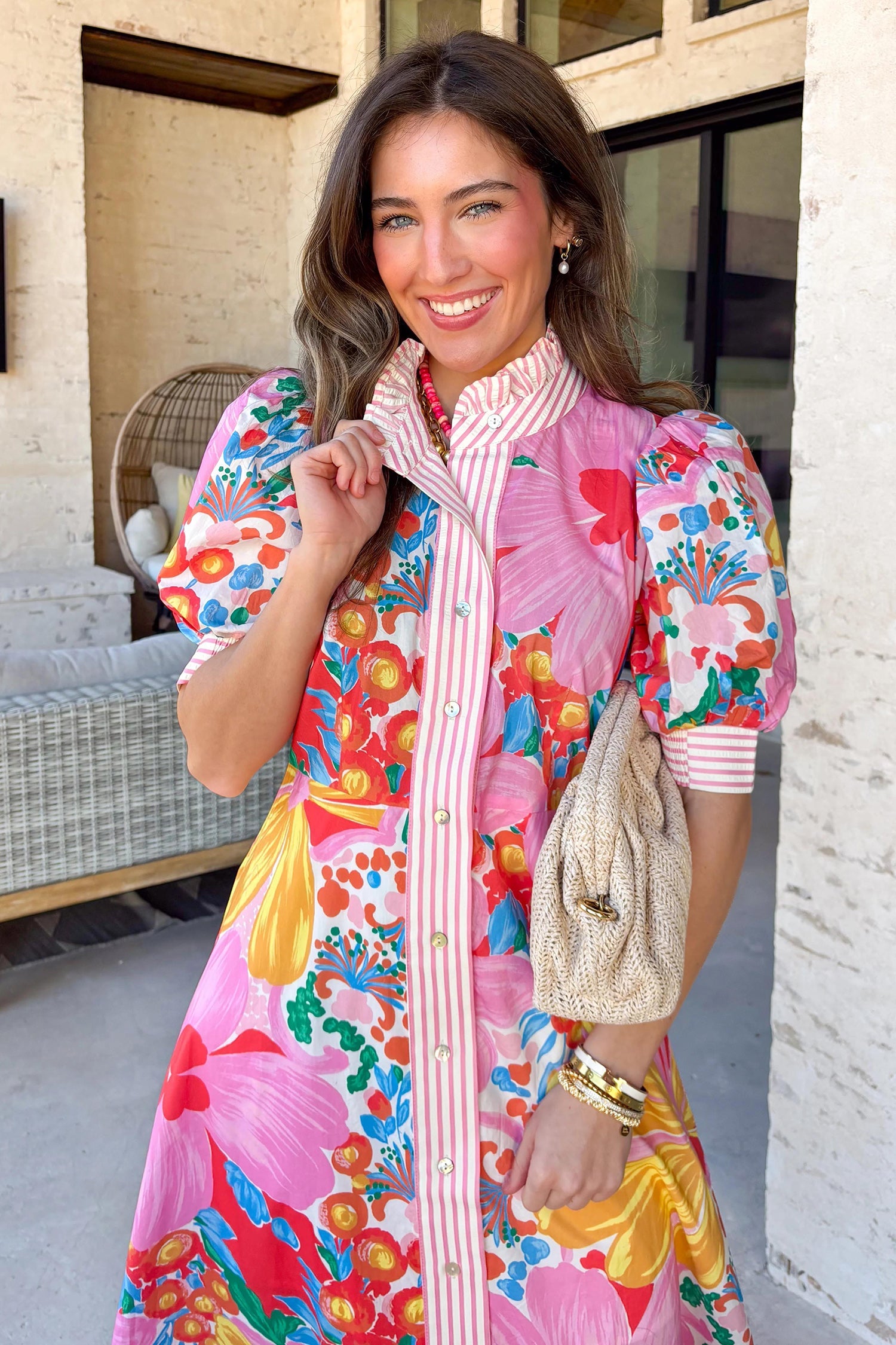 Floral Stripe Trim Puff Sleeve Buttoned Maxi Dress