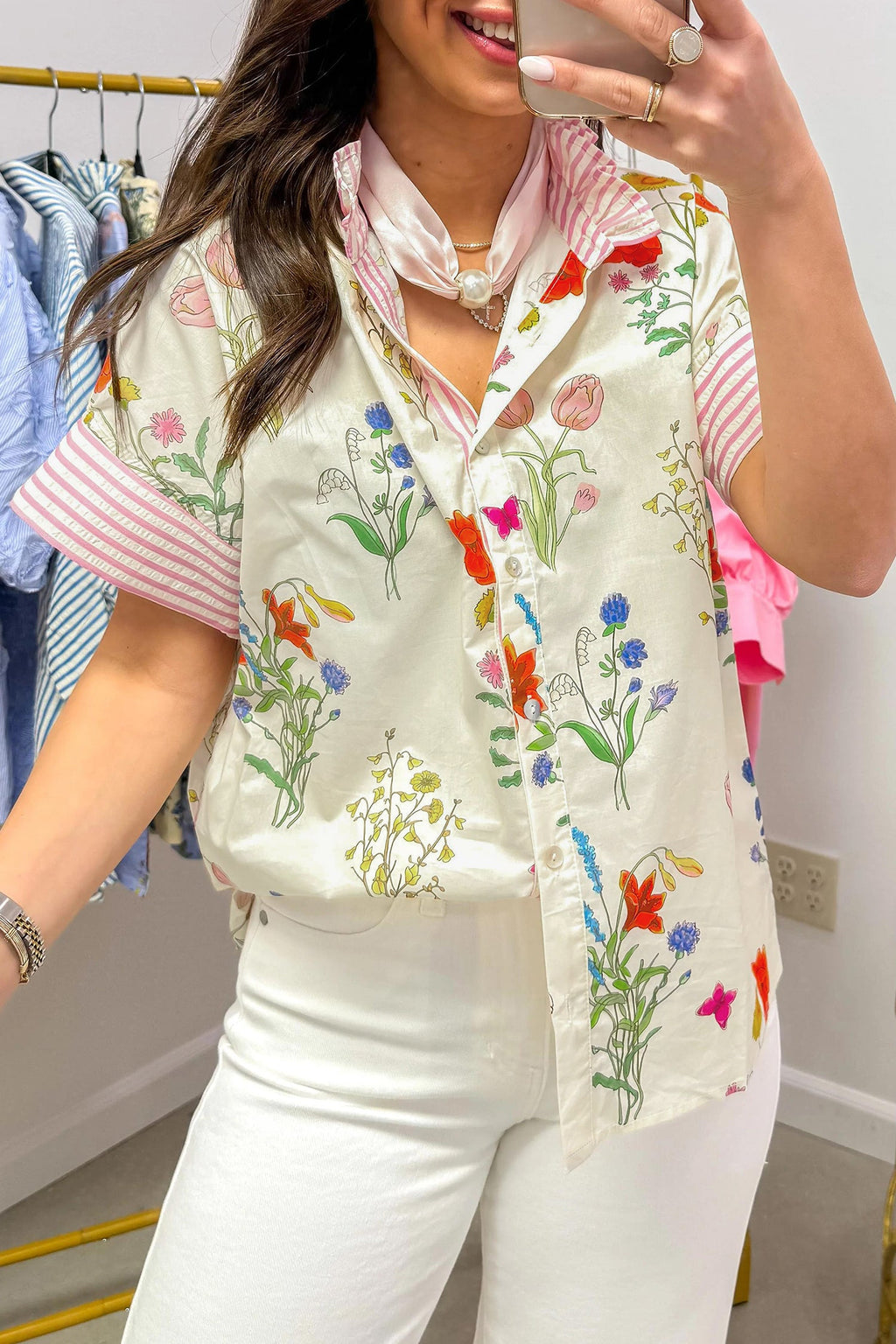 Floral Stripe Patchwork Ruffled Collar Shirt